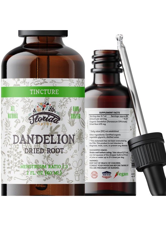 FLORIDA HERBS صبغة جذر الهندباء مستخلص الهندباء العضوي (Taraxacum Officinale) مكمل صحي، غير معدّل وراثيًا في جليسرين نباتي عضوي مضغوط على البارد 2 أونصة، 685 ملغ - Image 1